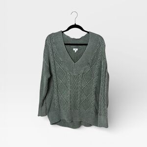 Aerie Green V Neck Cable Knit Sweater
